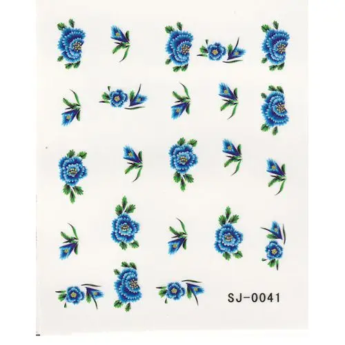 Modele transfer nail art - flori albastre, frunze